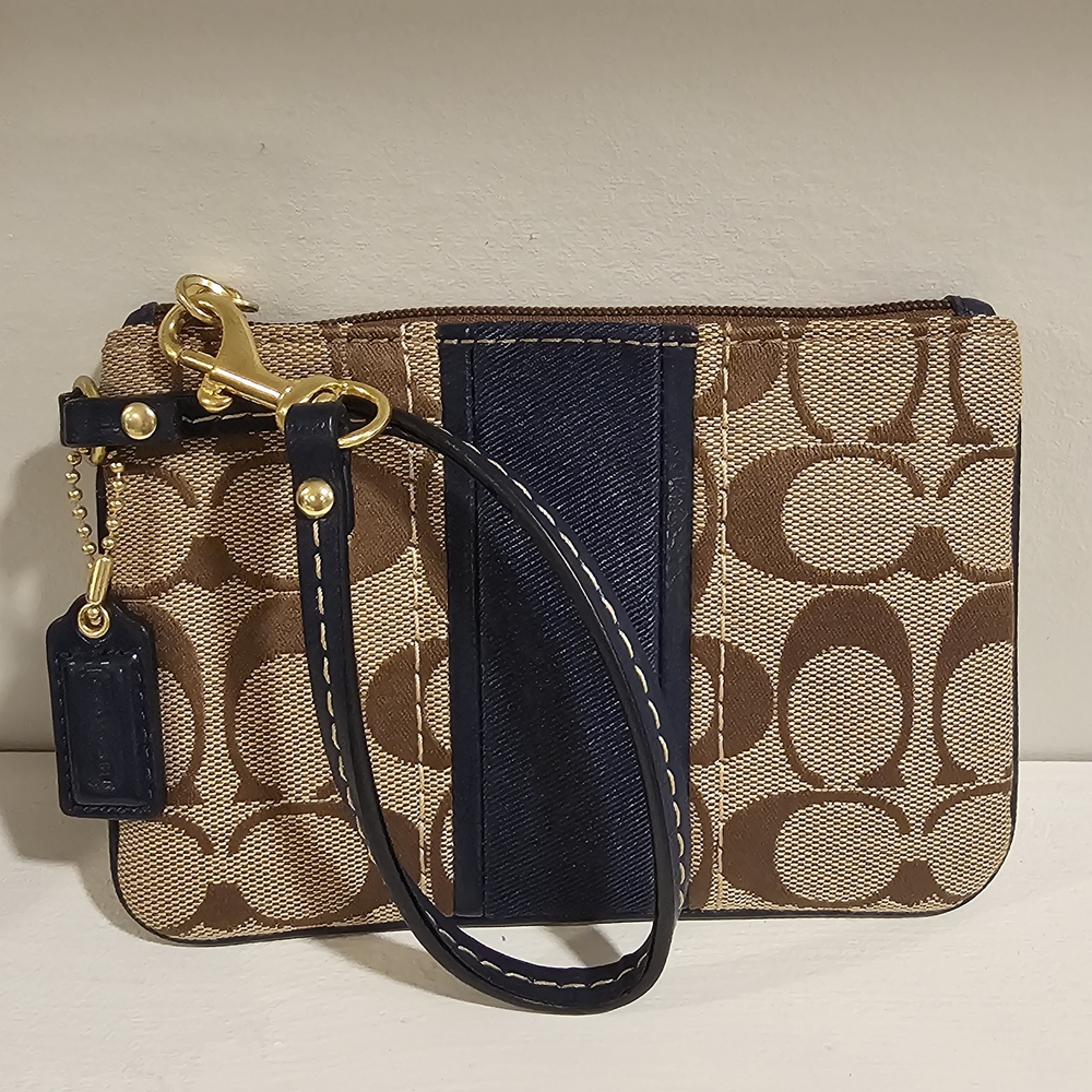 Coach Signature Tan and Navy Wristlet